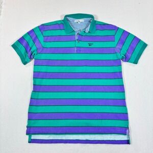IZOD CLUB Mens L Retro Polo Shirt Green Purple Stripe Short Sleeve Casual